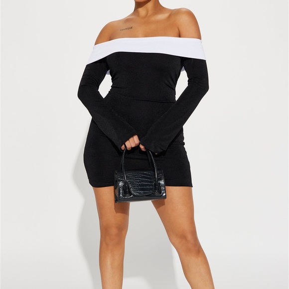 Off The Shoulder MIDI Dress - Black/White - Picture 2 of 3